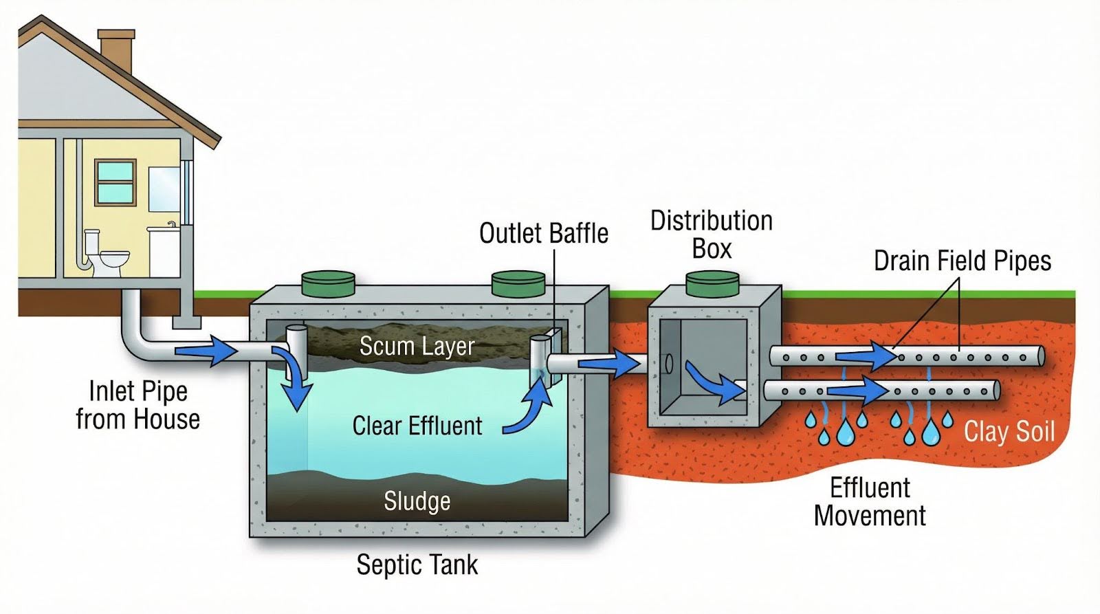 A Graphic by Anytime Septic that describes the cycle of waste water leaving the home and entering the septic system from the tank to the drain field. 